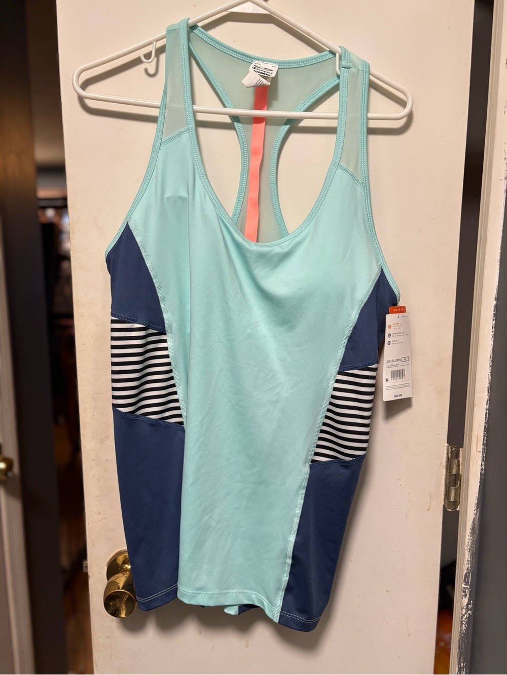 Champion Women's Mint Racerback Tank with Navy & Black-White Stripe Panels